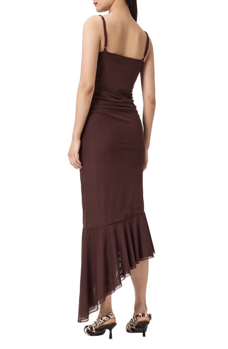 AllSaints Bea Asymmetric Hem Mesh Midi Dress, Alternate, color, Bitter Brown