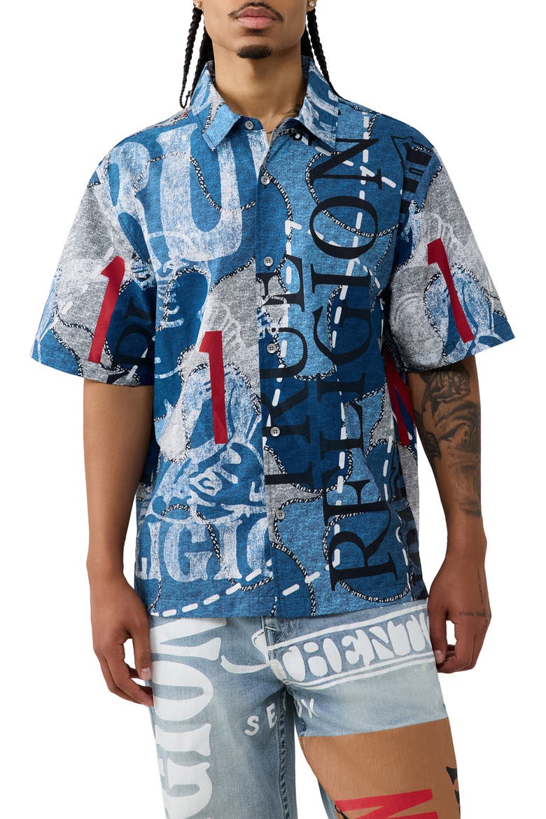 Cotton Poplin Short Sleeve Shirt, Main, color, INDIGO NATURAL RED AOP
