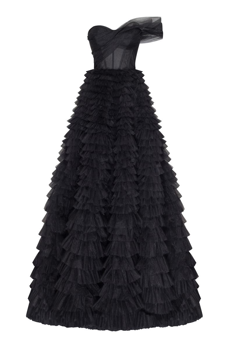 Milla Timeless One-Shoulder Frill-Layered Ball Gown In Black, Main, color, Black