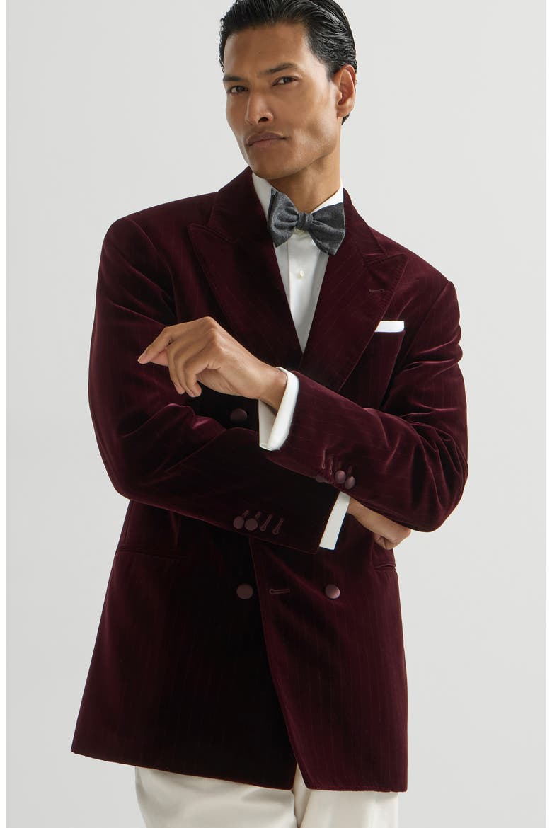 Cotton chalk stripe velvet one-and-a-half breasted tuxedo jacket with peak lapels, Alternate, color, Bordeaux
