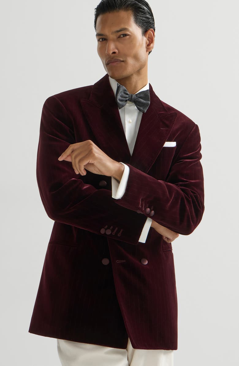 Brunello Cucinelli Cotton chalk stripe velvet one-and-a-half breasted tuxedo jacket with peak lapels, Alternate, color, Bordeaux
