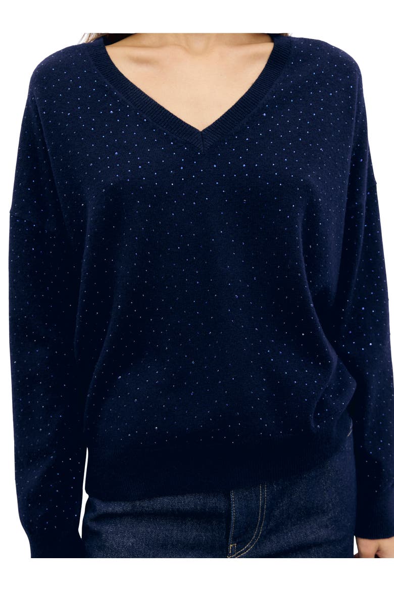 Reda V-Neck Rhinestone Jumper, Alternate, color, Navy Blue