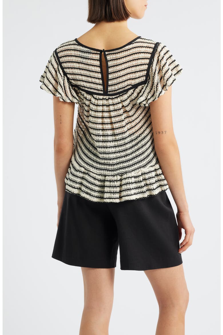 Ruffle Open Stitch Short Sleeve Sweater, Alternate, color, CREAM/ BLACK