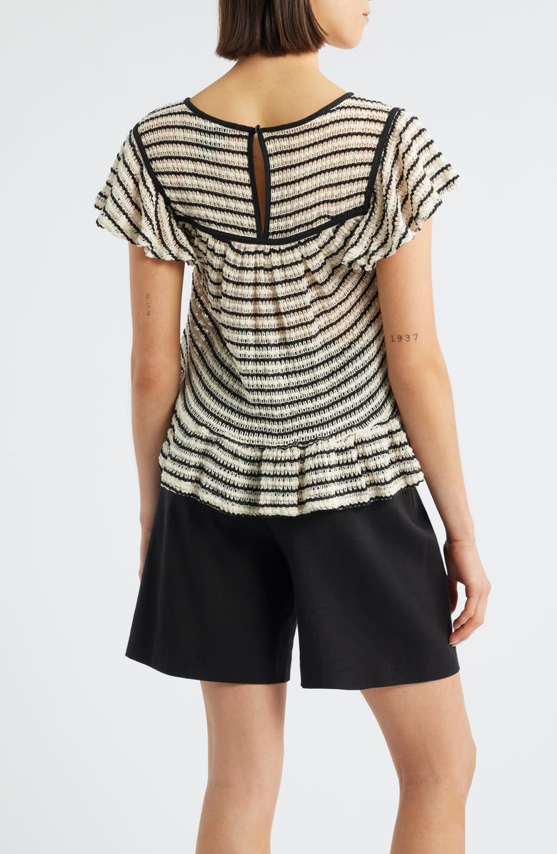 Bobeau Ruffle Open Stitch Short Sleeve Sweater, Alternate, color, Cream/ Black