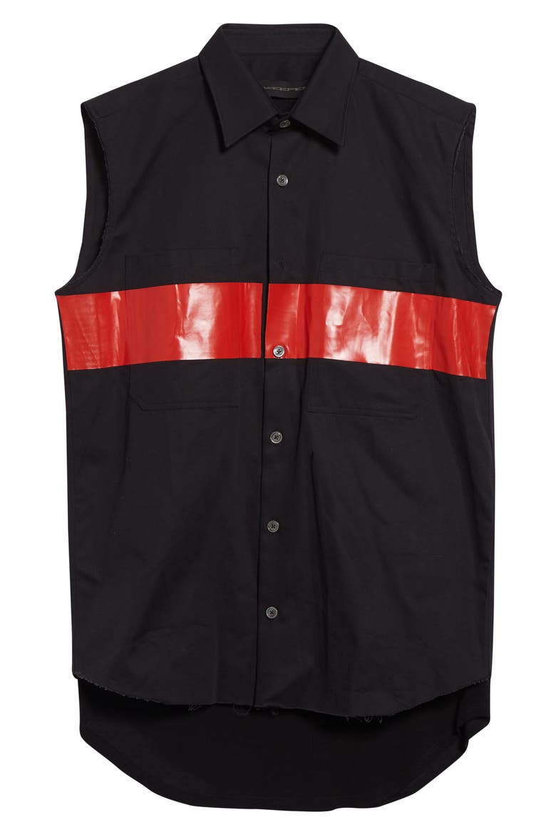 Stabb Taped Cutoff Sleeve Button-Up Shirt, Alternate, color, BLACK