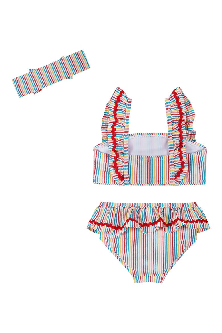 Three-Piece Ruffle Trim Bikini & Headband Set, Alternate, color, RAINBOW