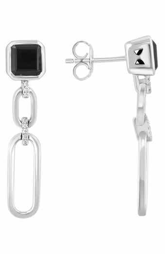 Sterling Silver Onyx & Diamond Paper Clip Drop Earrings