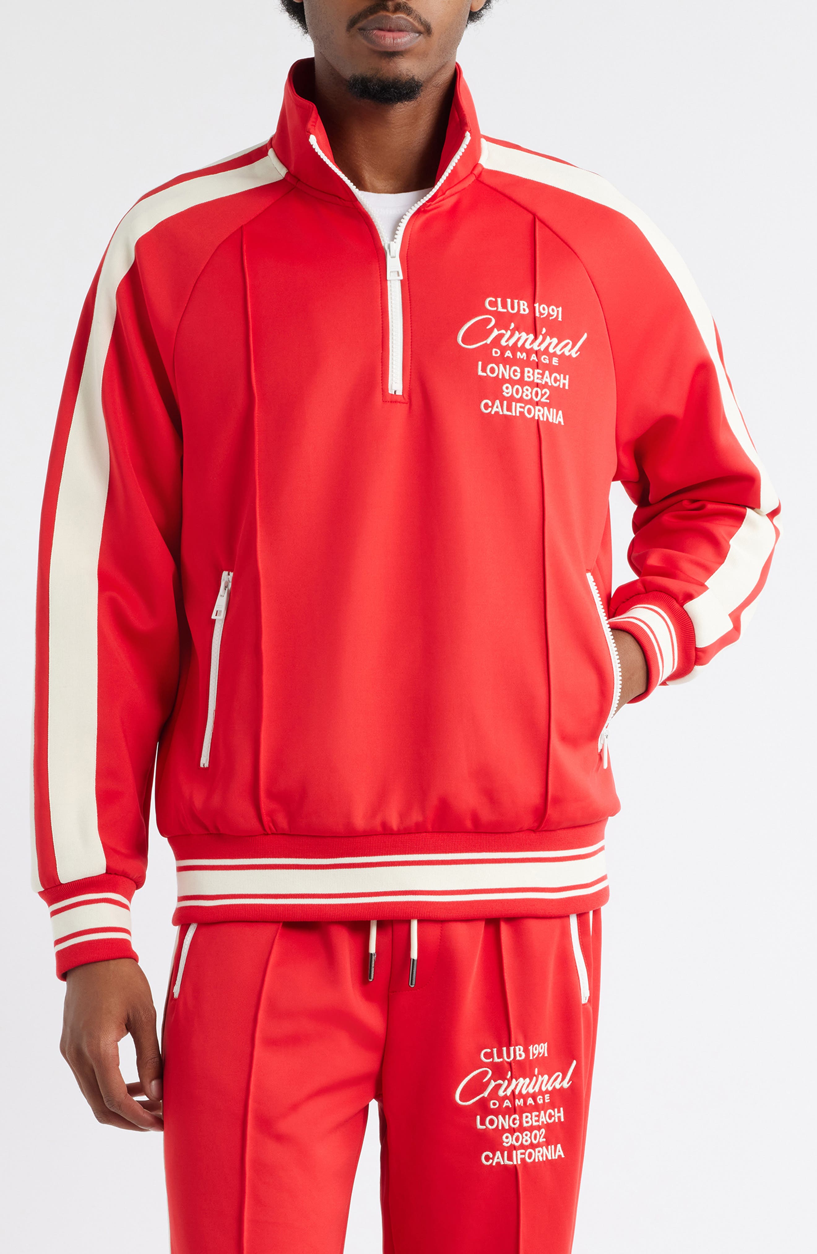 CRIMINAL DAMAGE Pintuck Half Zip Track Top in Red/ecru 