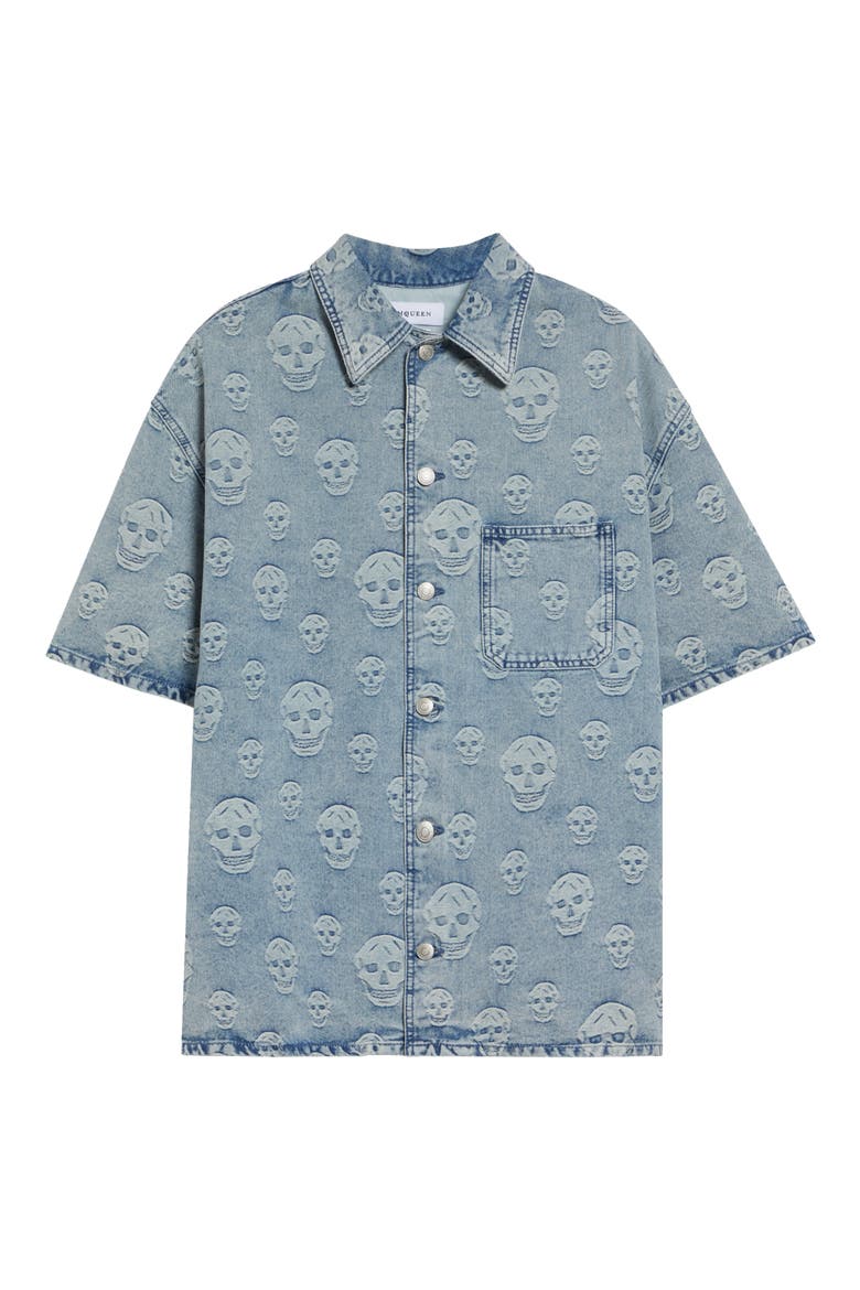 Skull Print Short Sleeve Denim Button-Up Shirt, Alternate, color, SAPPHIRE