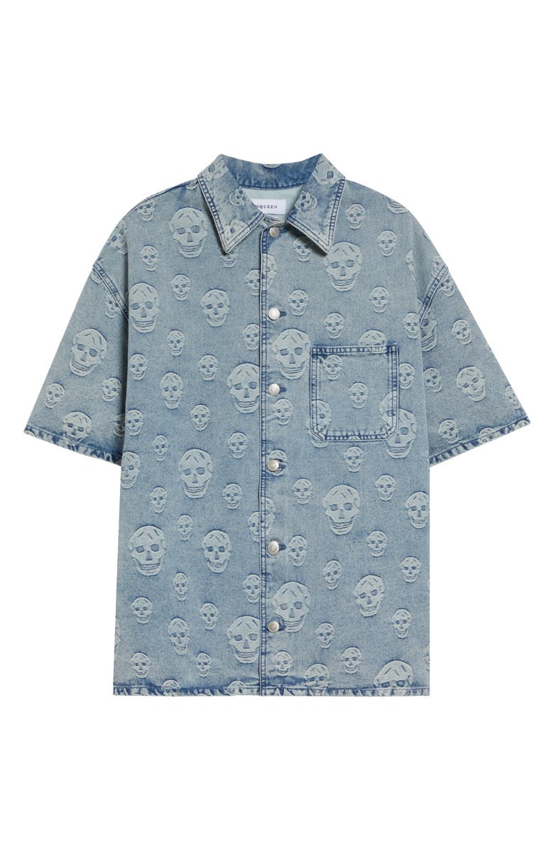 McQueen Skull Print Short Sleeve Denim Button-Up Shirt, Main, color, Sapphire