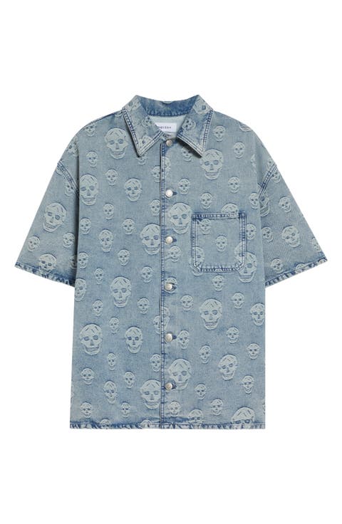Skull Print Short Sleeve Denim Button-Up Shirt