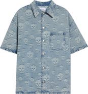 McQueen Skull Print Short Sleeve Denim Button-Up Shirt