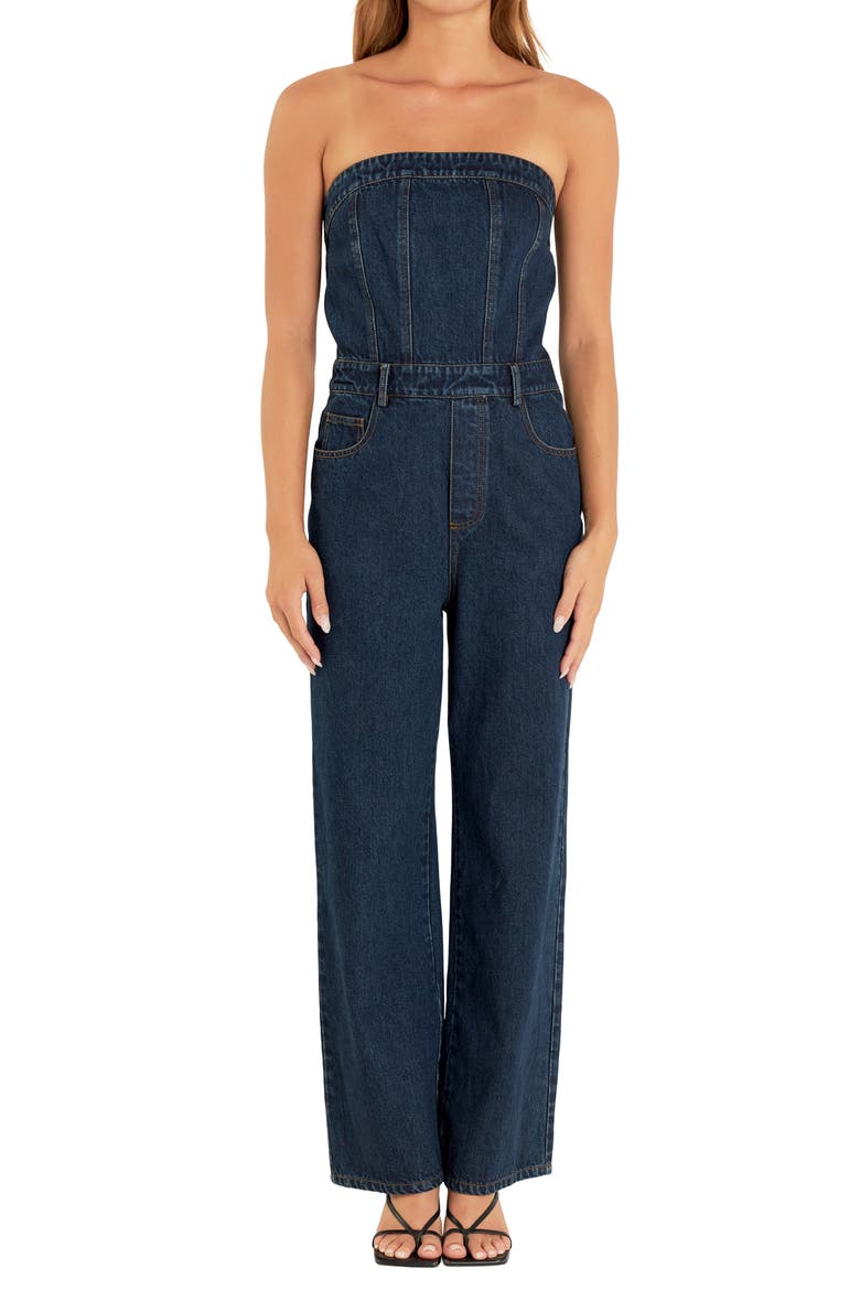 Strapless Corset Denim Jumpsuit, Alternate, color, NAVY