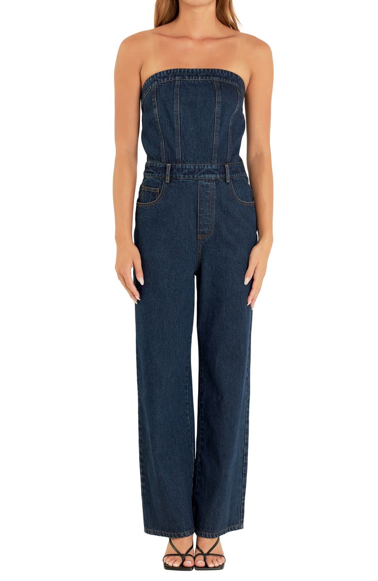 Grey Lab Strapless Corset Denim Jumpsuit, Alternate, color, Navy