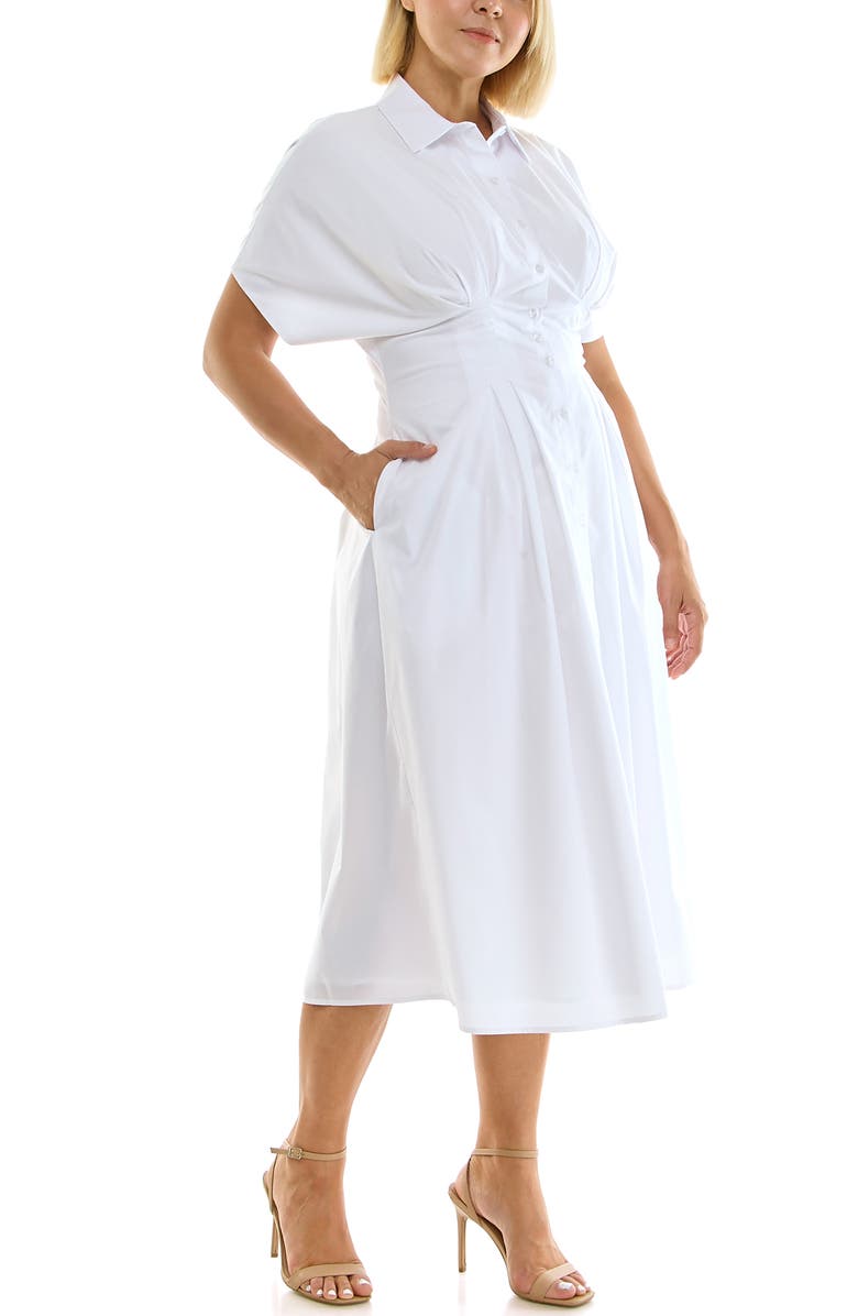 Nicole Miller Pintuck Waist Midi Shirtdress, Alternate, color, Brilliant White