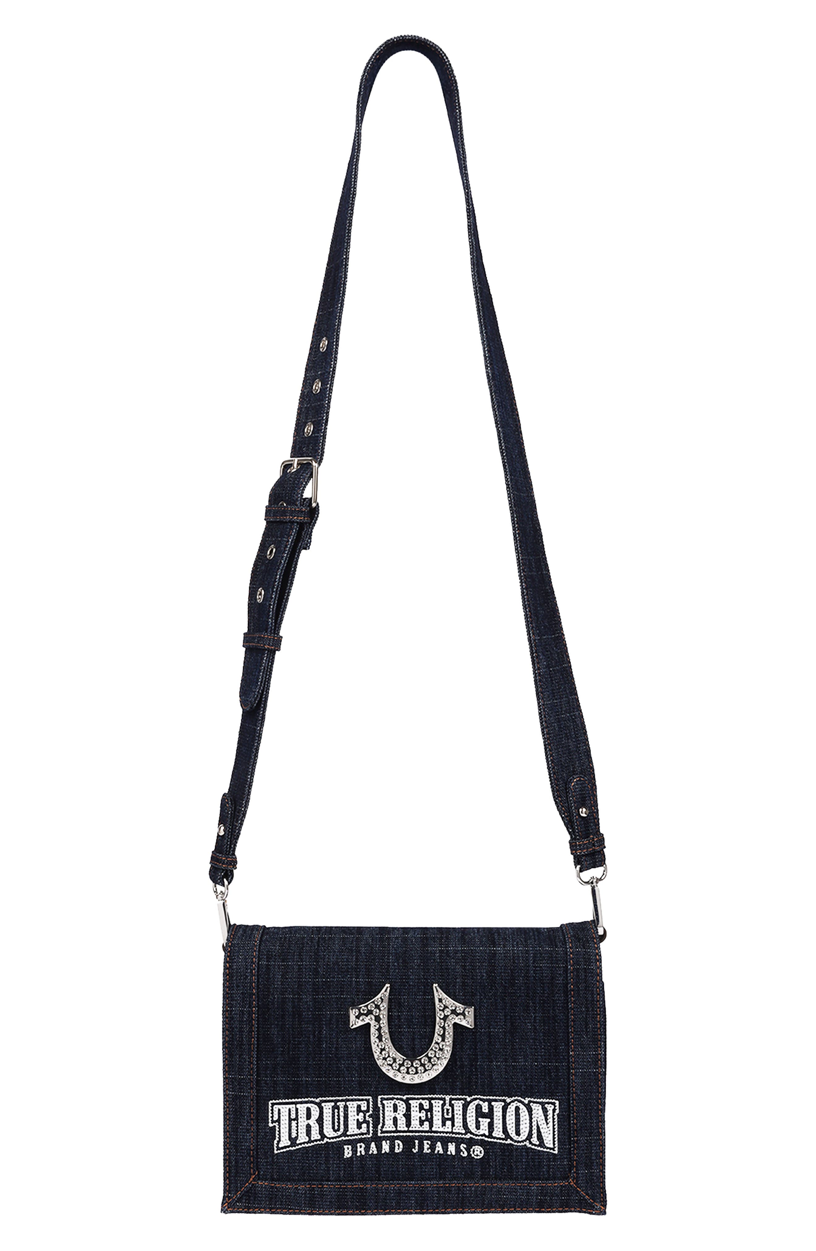 Bling Horseshoe Denim Messenger Bag, Alternate, color, DARK DENIM