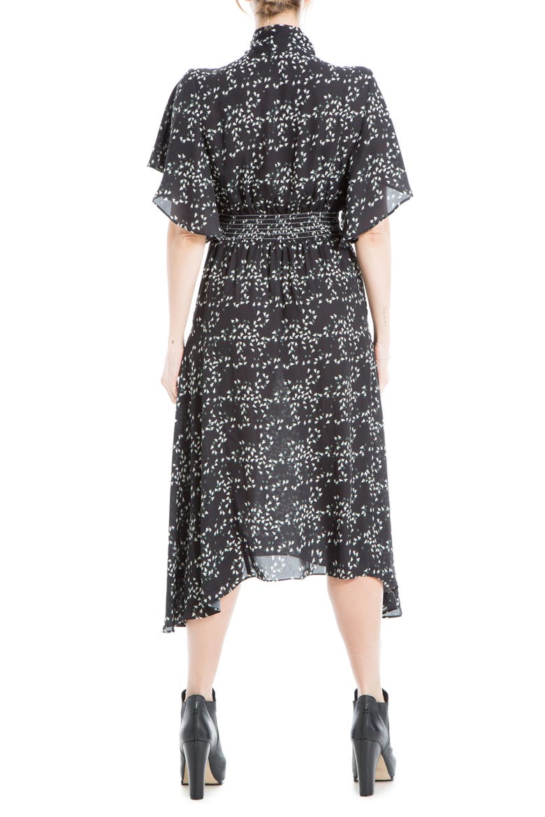 Tie Neck Flutter-Sleeve Dress, Alternate, color, BLACK/ SAGE TOSSED TRIANGLES