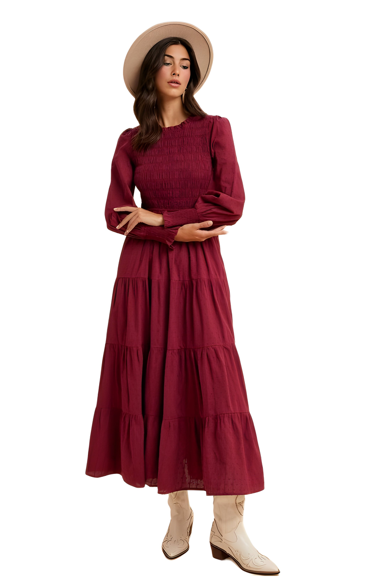 Knit and Lounge Smocked Bodice Tiered Maxi Dress with Long Sleeves, Alternate, color, 
