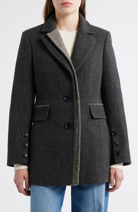 Houndstooth Layered Wool Blend Coat