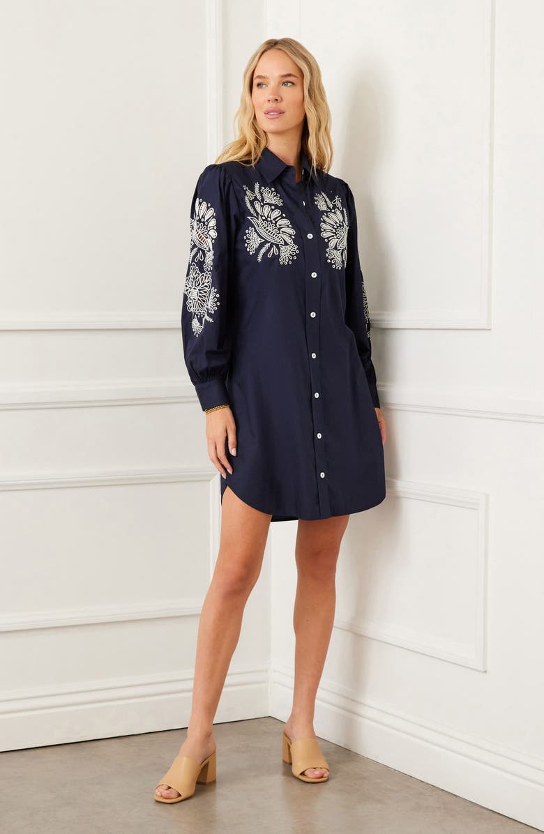 Karen Kane Floral Embroidery Long Sleeve Cotton Shirtdress, Alternate, color, Navy