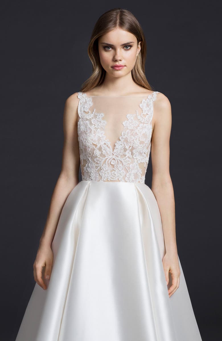 Lazaro Lace & Mikado Ballgown Wedding Dress, Alternate, color,