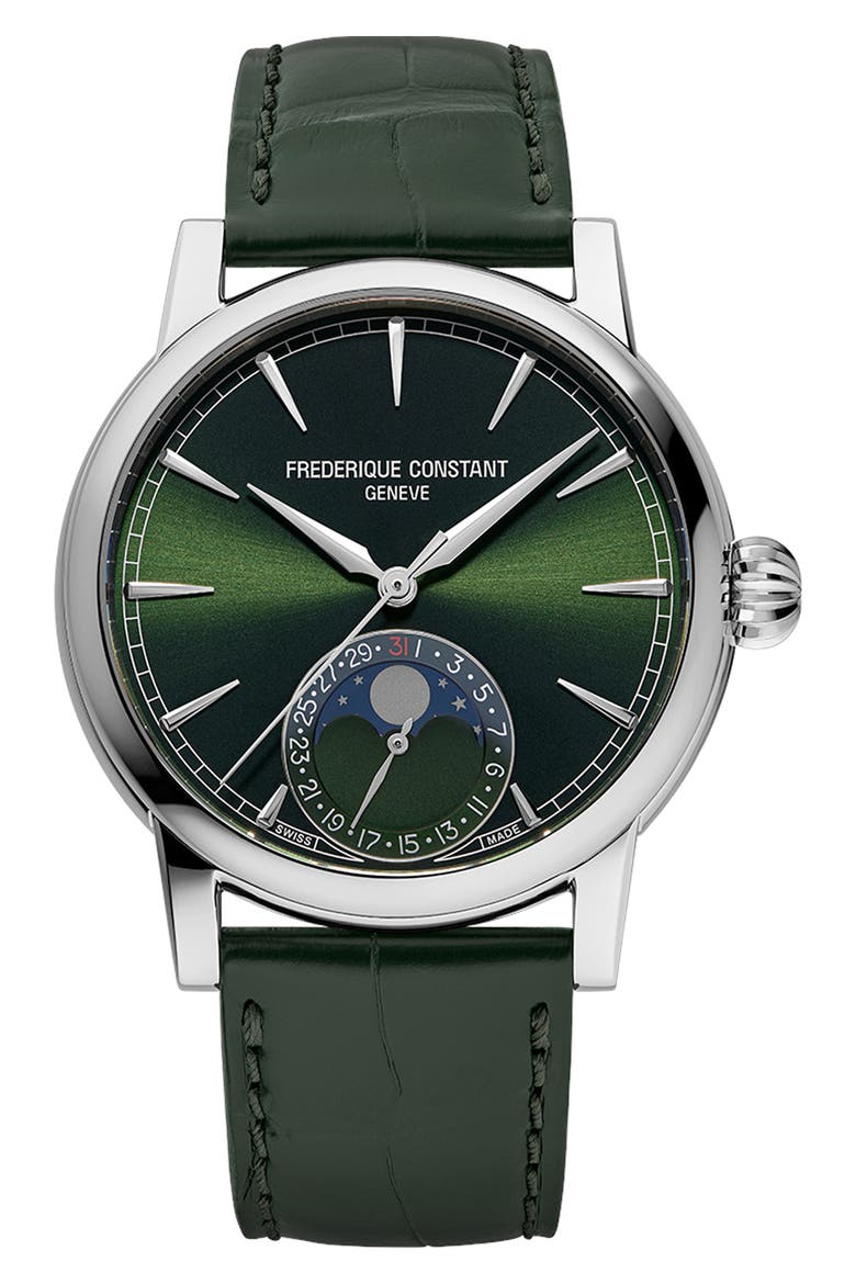 Classic Moonphase Date Leather Strap Watch, 40mm, Main, color, GREEN