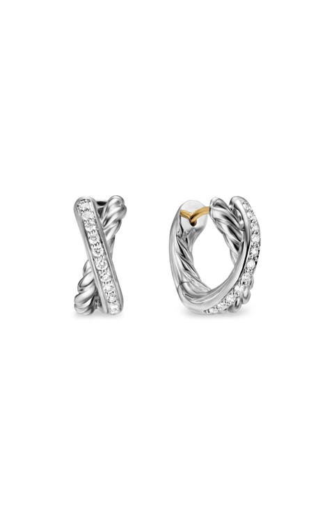 Crossover Huggie Hoop Earrings in Sterling Silver with Diamonds, 12.4mm
