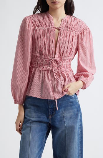 Mille Ella Tie-front Gathered Long-sleeve Blouse In Pink