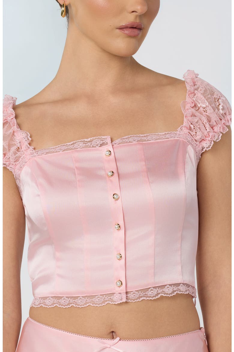 Elliana Lace Trim Satin Button-Up Crop Top, Alternate, color, PINK