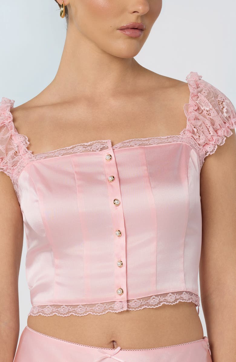 ASTR the Label Elliana Lace Trim Satin Button-Up Crop Top, Alternate, color, Pink