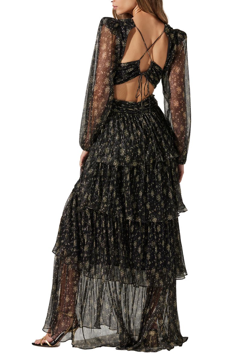 ASTR the Label Anora Long Sleeve Tiered Maxi Dress, Alternate, color, Black Gold Foil