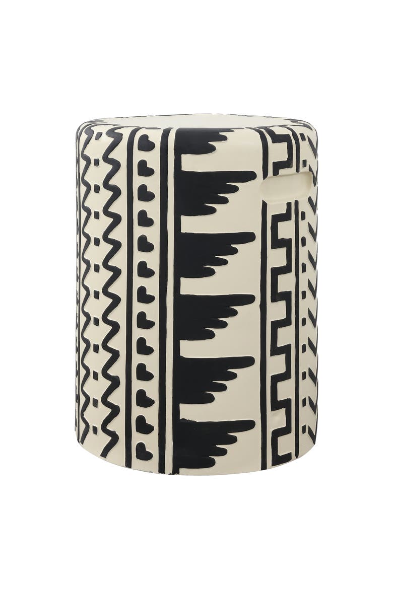 Yoli Bohemian Geometric Concrete Outdoor Garden Stool with Handles, Weatherproof Drum Accent Side Table for Patio & Deck, Main, color, Black/Cream