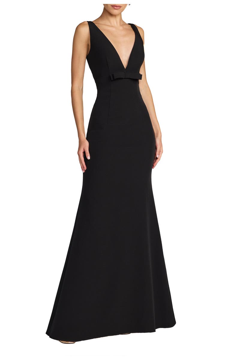 Mac Duggal Crepe Sleeveless V Neck Sheath Gown With Bow, Main, color, Black
