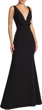 Mac Duggal Crepe Sleeveless V Neck Sheath Gown With Bow