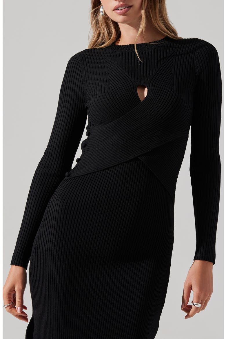 Cutout Long Sleeve Ribbed Midi Sweater Dress, Alternate, color, BLACK
