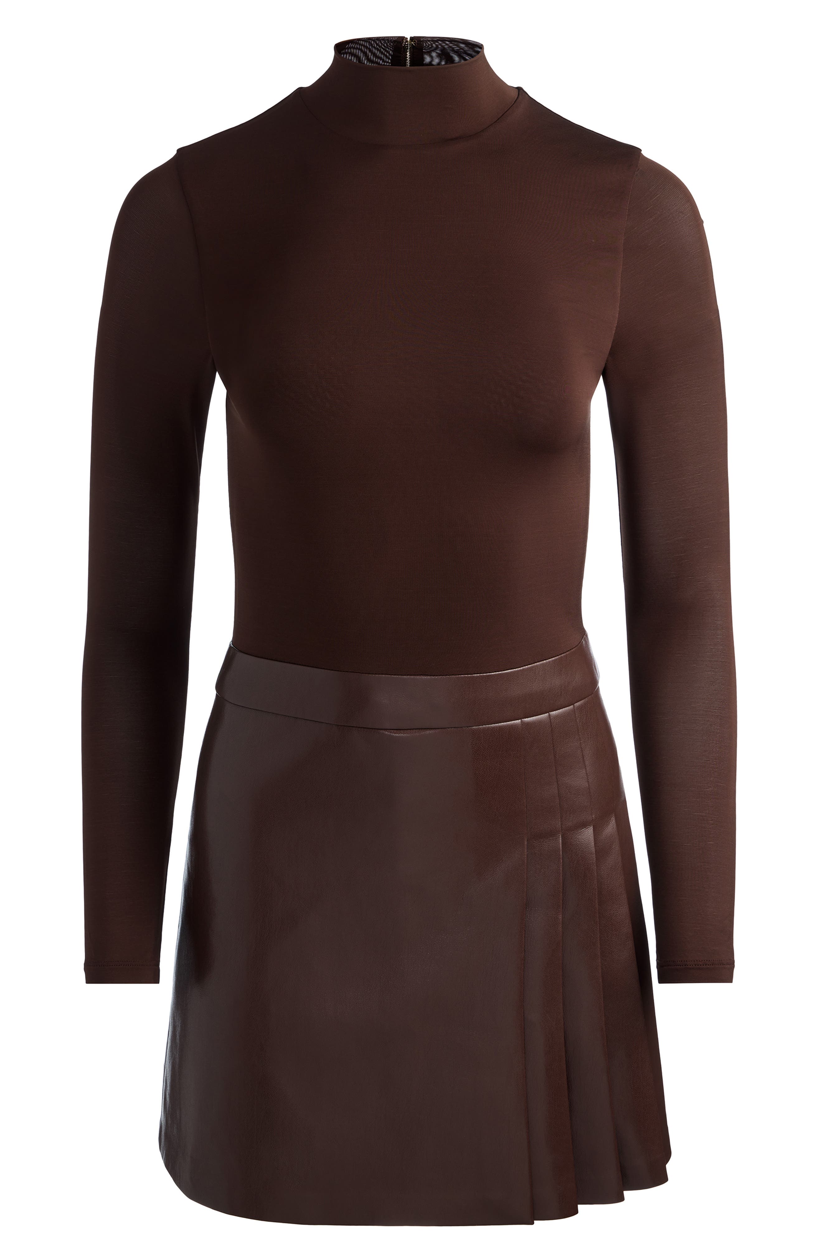 ALICE + OLIVIA Chara Faux Leather Mixed Media Mock Neck Minidress