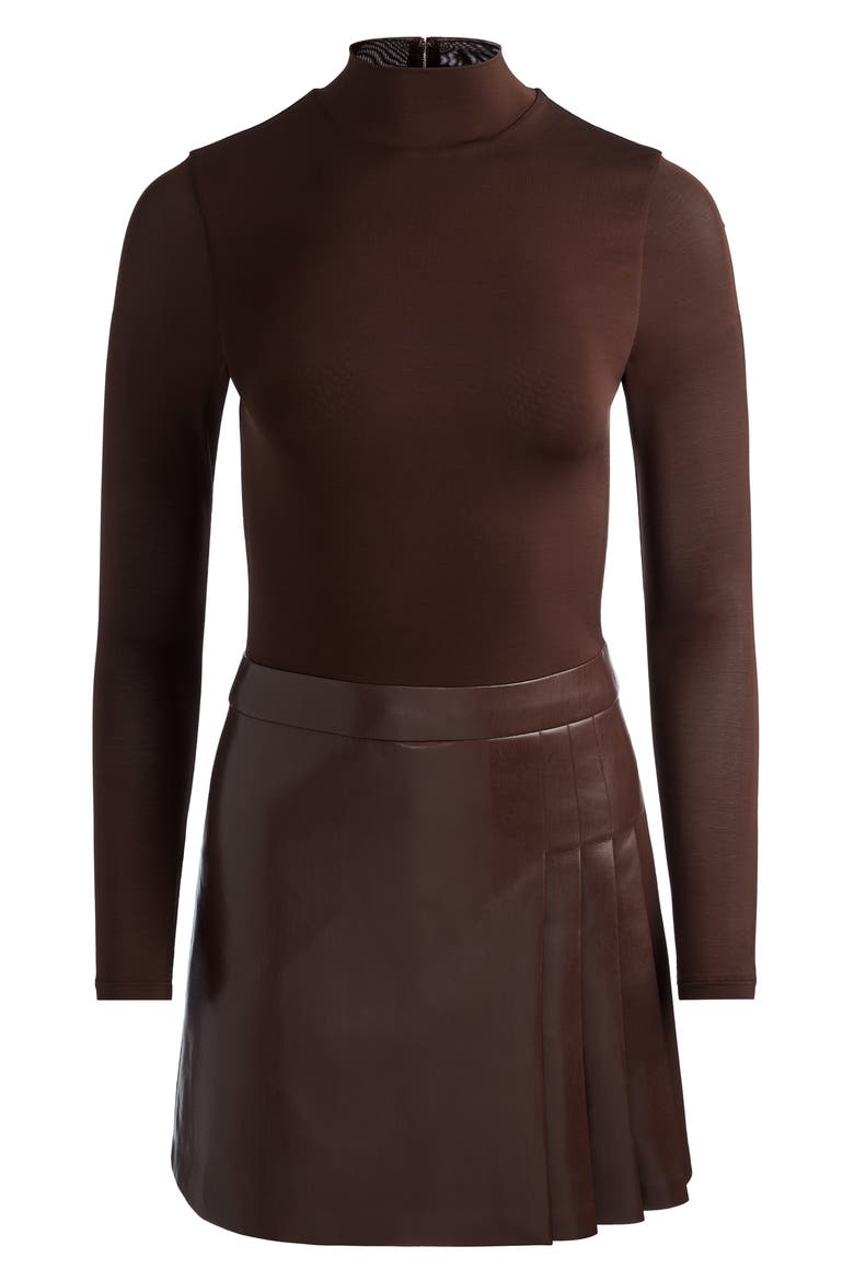 Chara Faux Leather Mixed Media Mock Neck Minidress, Alternate, color, DARK CHOCOLATE
