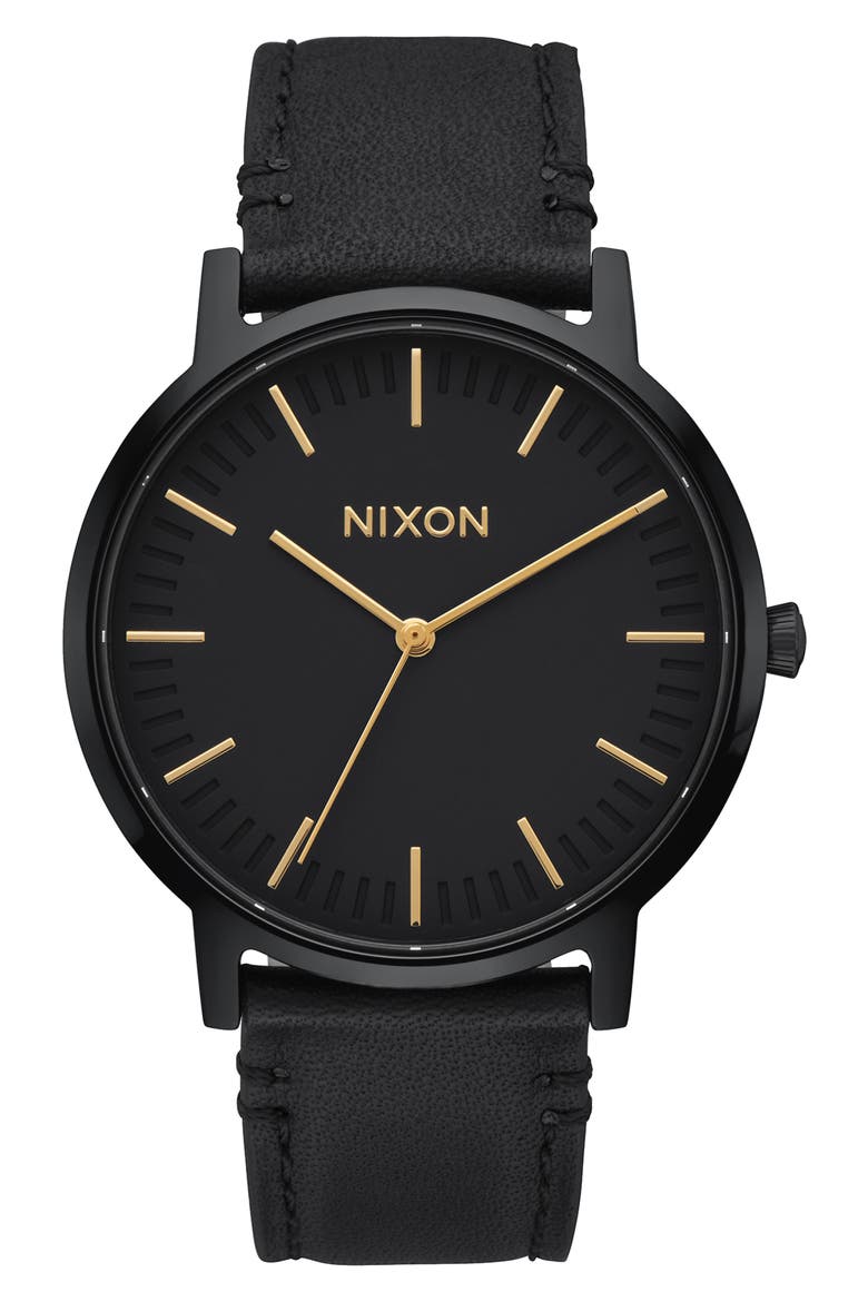 Porter Round Leather Strap Watch, 40mm, Main, color, BLACK/GOLD