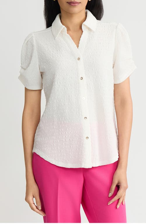 Kasper Pleat Sleeve Ridge Knit Button-up Shirt In White