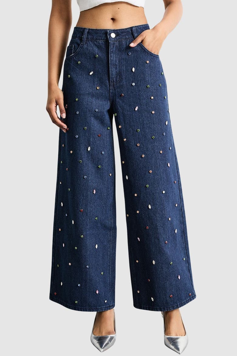 Hotfix Embellished Wide Leg Jean, Alternate, color, Indigo
