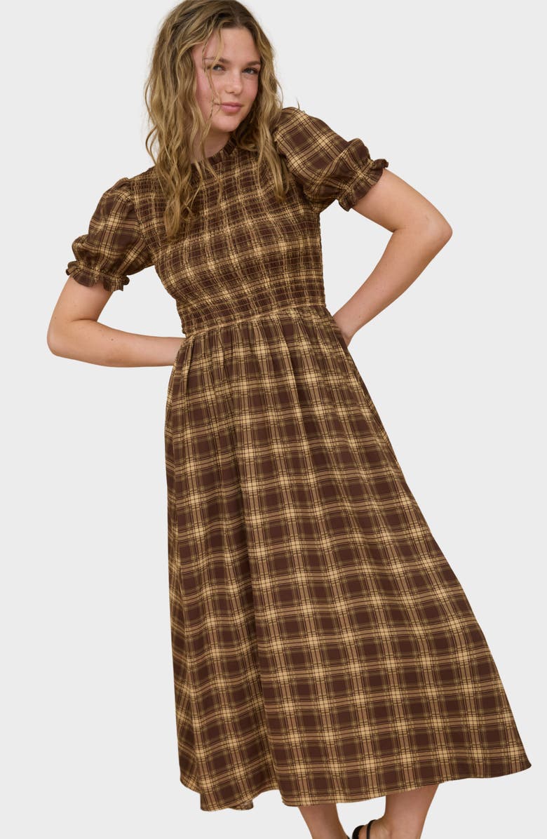 AUGUST SKY Smocked Puff Sleeve Midi Dress, Alternate, color, Brown Multi