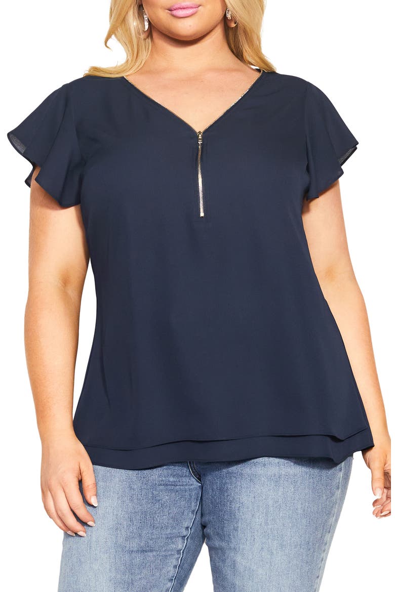 Florrie Zip Flutter Sleeve Top, Main, color, NAVY