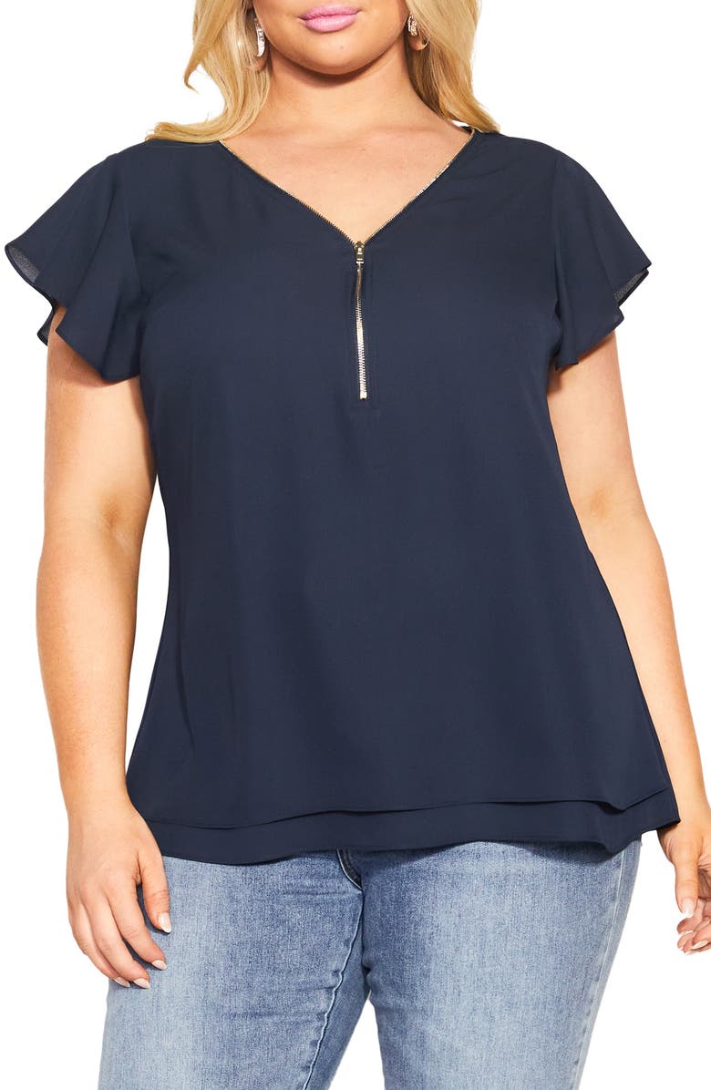 City Chic Florrie Zip Flutter Sleeve Top, Main, color, Navy
