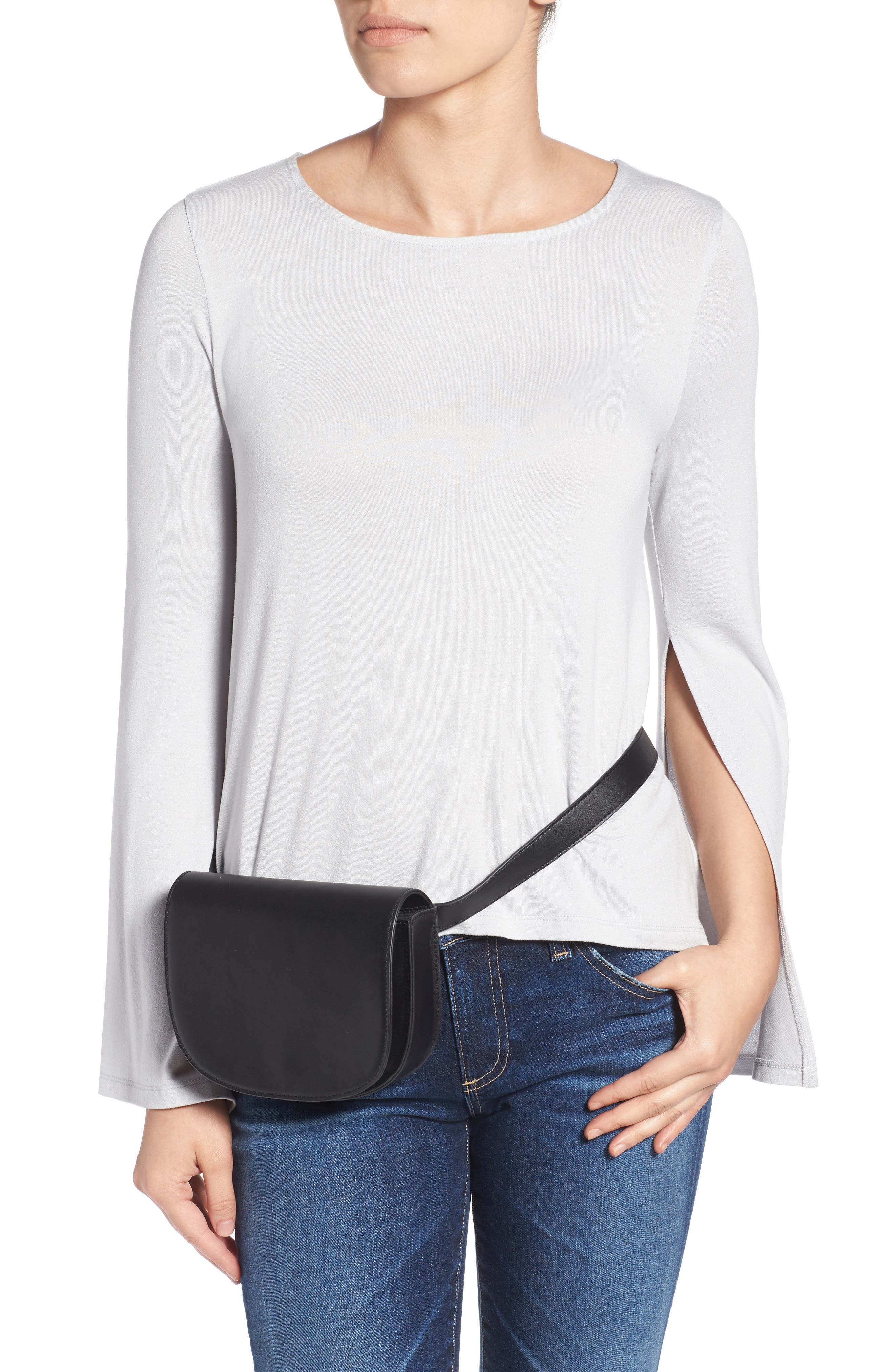 Faux Leather Saddle Belt Bag, Alternate, color, BLACK