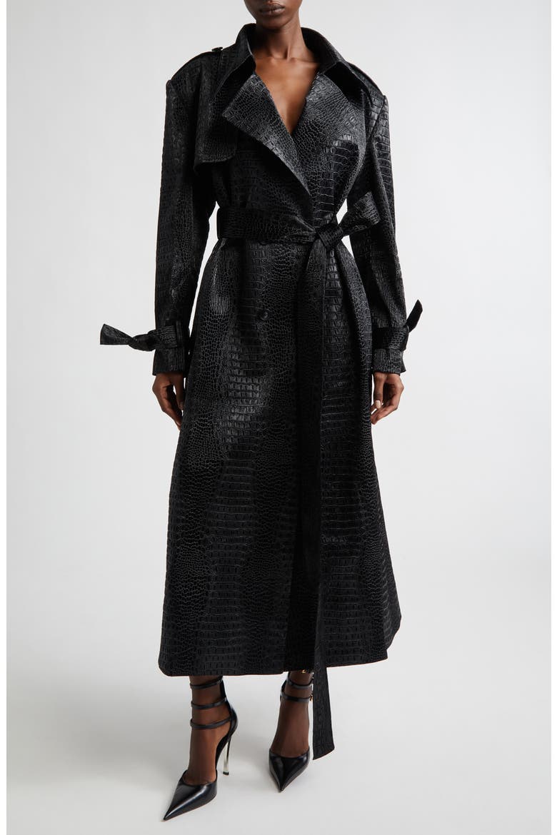 Croc Embossed Faux Leather Trench Coat, Main, color, BLACK