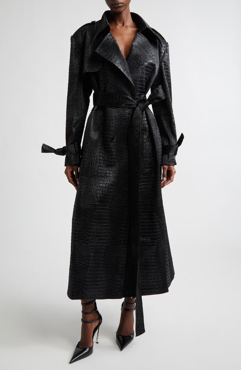 KIM SHUI Croc Embossed Faux Leather Trench Coat, Main, color, Black