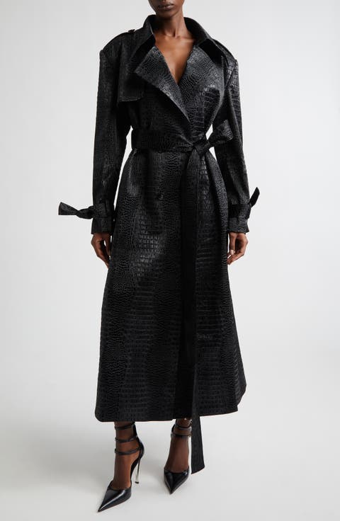 Croc Embossed Faux Leather Trench Coat