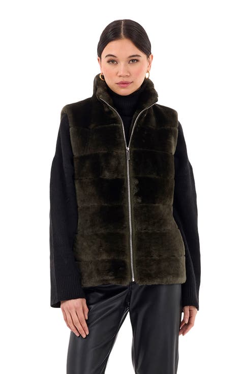 Horizontal Shearling Lamb Zip Vest With Quilted Back