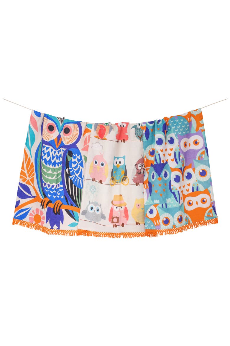 Whimsical Owl Set of 3 Kitchen Towels, Main, color, BRIGHT BLUE/ ORANGE/