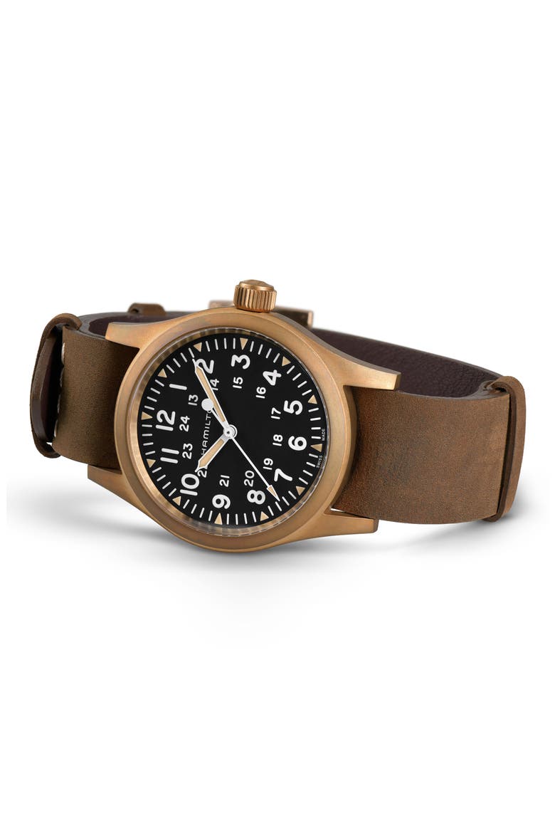 Khaki Field Mechanical Leather Strap Watch, 38mm, Alternate, color, BROWN